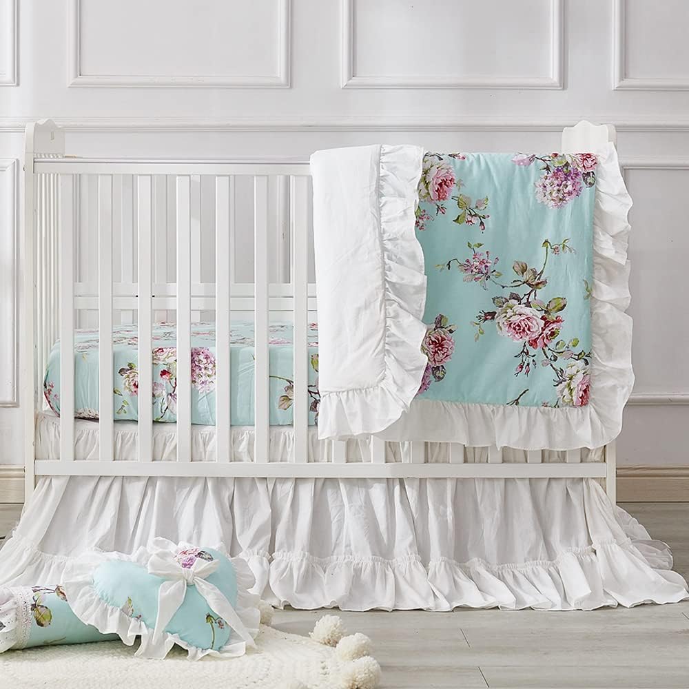 Brandream Juego de ropa de cama de cuna francesa para niñas, juego de guardería floral de 3 piezas, edredón de bebé con volantes, sábana de cuna,