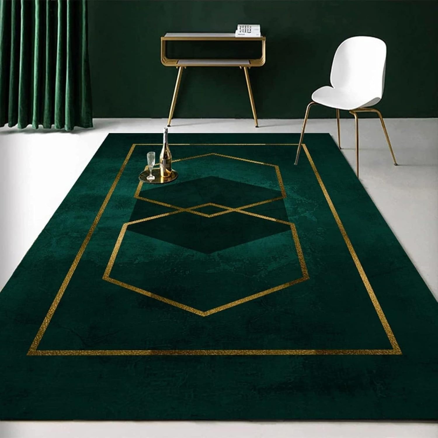 Alfombras abstractas de línea de arte verde dorado, alfombra retro ovalada ovalada geométrica suave lavable, alfombra de tapicería con respaldo