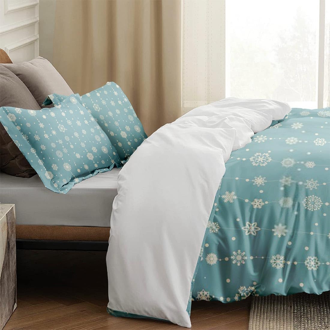 Juego de funda de edredón, copos de nieve de Navidad, juego de ropa de cama azul retro para niños y adultos, decoración de dormitorio, juego de