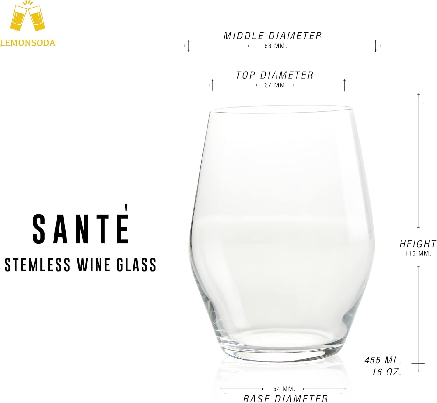 LEMONSODA Juego de copas de vino de cristal Sante de alta gama, sin tallo, gran copa sin tallo para catas de vino, juegos de regalo, fiestas, vino