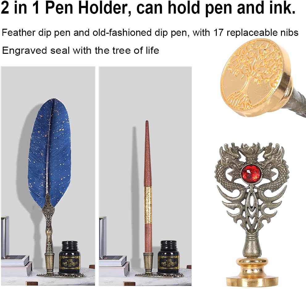 AIYNC Juego de tinta para plumas, incluye bolígrafo y bolígrafo de inmersión de madera, tinta, 17 puntas de repuesto, 3 varillas de sello de cera,