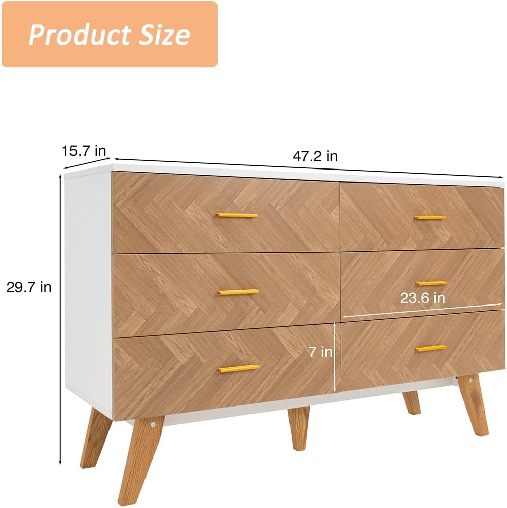 KOZIDO Cómoda de madera con 6 cajones profundos, 6 cómodas dobles, armario de almacenamiento moderno para dormitorio, sala de estar, pasillo,