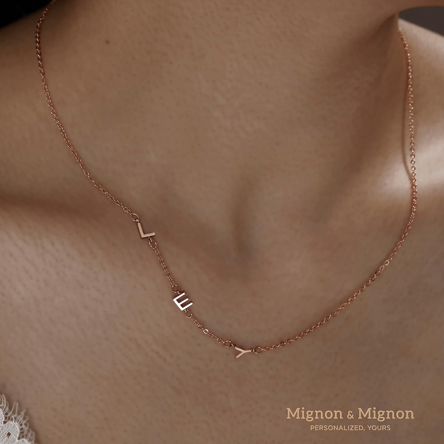 MignonandMignon Sideways Tiny Initial Necklace  Off Center Letter  Personalized Name  Mothers Day Perfect Gift for Mom -SIN