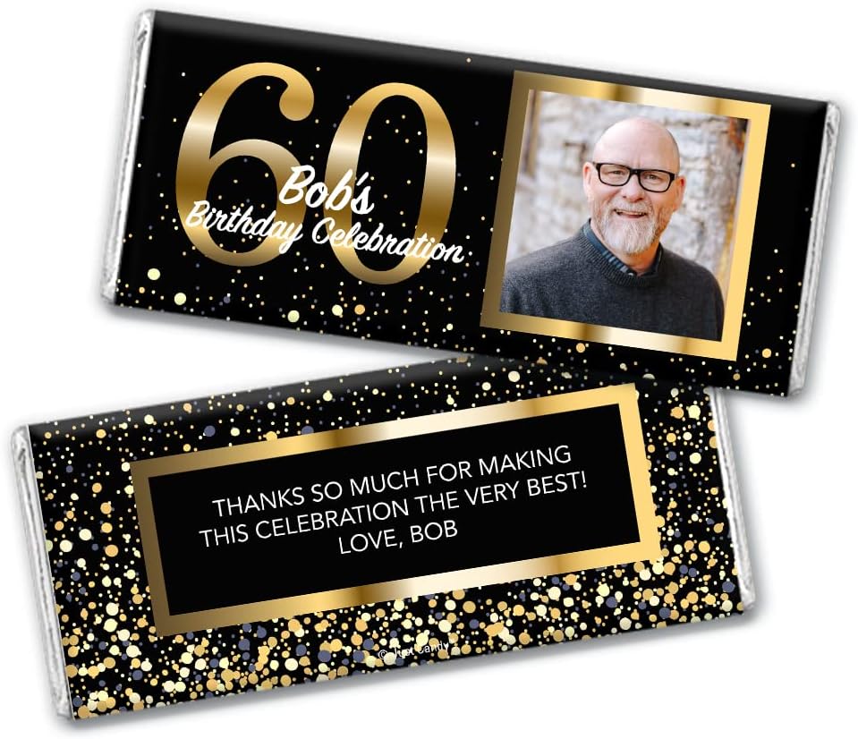 Envoltorios personalizados de 25 quilates para barra de caramelo de 60 cumpleaños con fotos DIY recuerdos de fiesta (25 envolturas)  Caramelo no