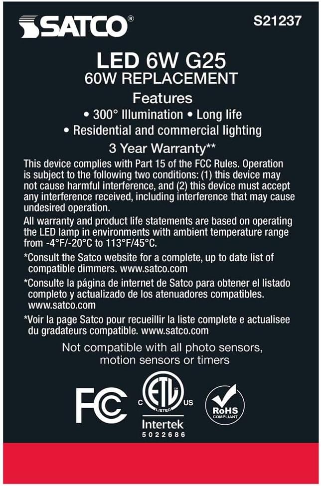 Satco Bombillas LED E26 de 6 vatios, 5000 K, clasificación de 15000 horas, regulables, paquete de 6