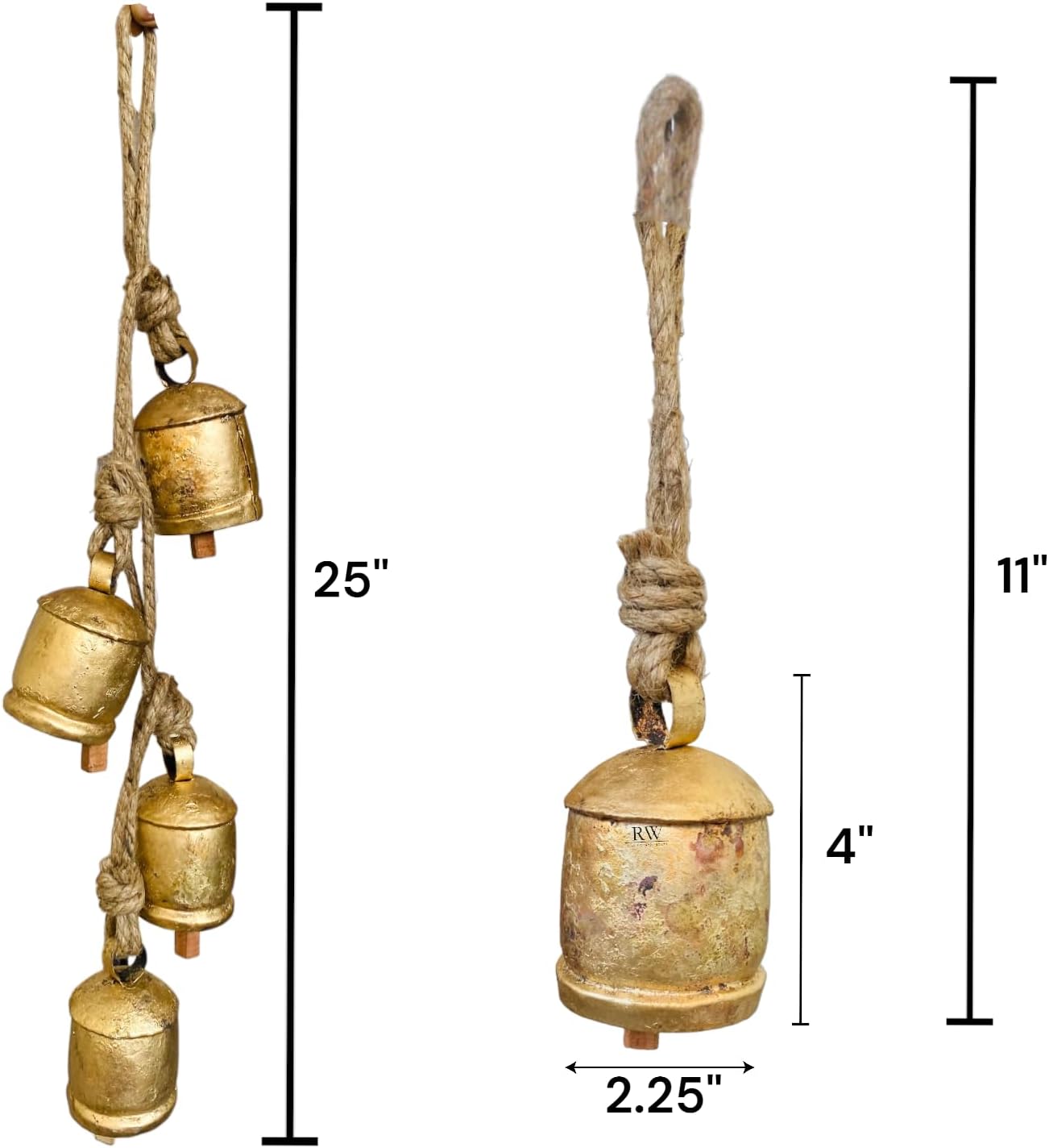 Juego de 4 campanas de vaca rústicas vintage para colgar en cuerda Harmony Shabby Chic Campanas de Navidad para decoración de metal de hojalata