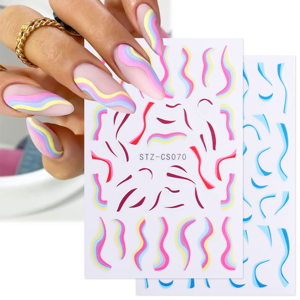 12 hojas de calcomanías de uñas 3D autoadhesivas doradas, líneas de rayas onduladas coloridas, diseños de uñas de estrella, luna, corazón, diseños