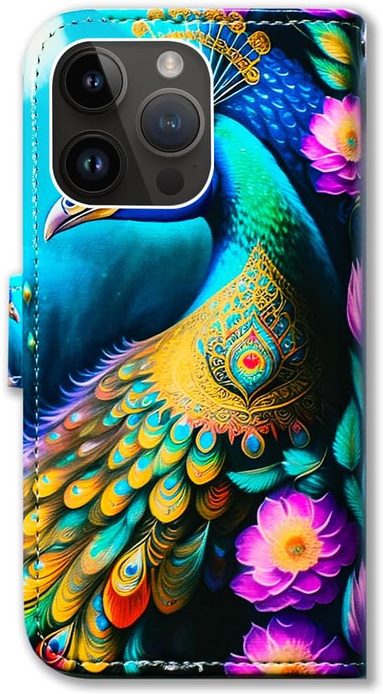 Bcov Funda para iPhone 15 Pro Max, diseño colorido de mandala de pavo real, de piel, con tapa y soporte para tarjeta y soporte para iPhone 15 Pro Max