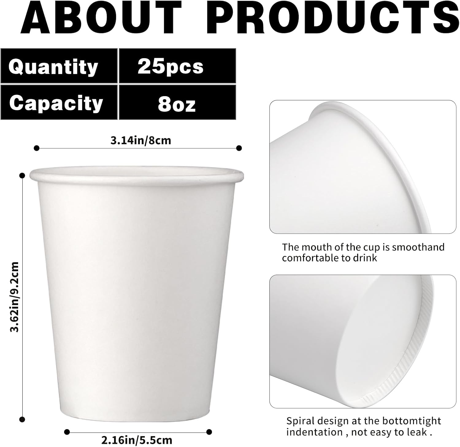 Paquete de 25 vasos de papel blancos de 8 onzas para fiestas, tazas de café de papel desechables, vasos de papel para bebidas calientes o frías,