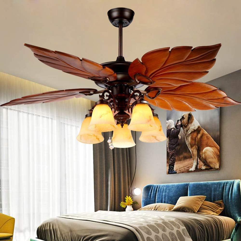Ventilador de techo de palma de 52 pulgadas con luz y candelabro, 5 aspas de madera, acabado rústico de bronce nuevo. Ideal para el hogar,