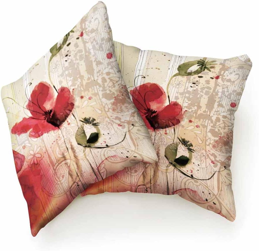 Beabes Fundas de cojín vintage de amapolas rojas, flores, brotes verdes, plantas, acuarela, dibujadas a mano, cuadradas, suaves, fundas de almohada