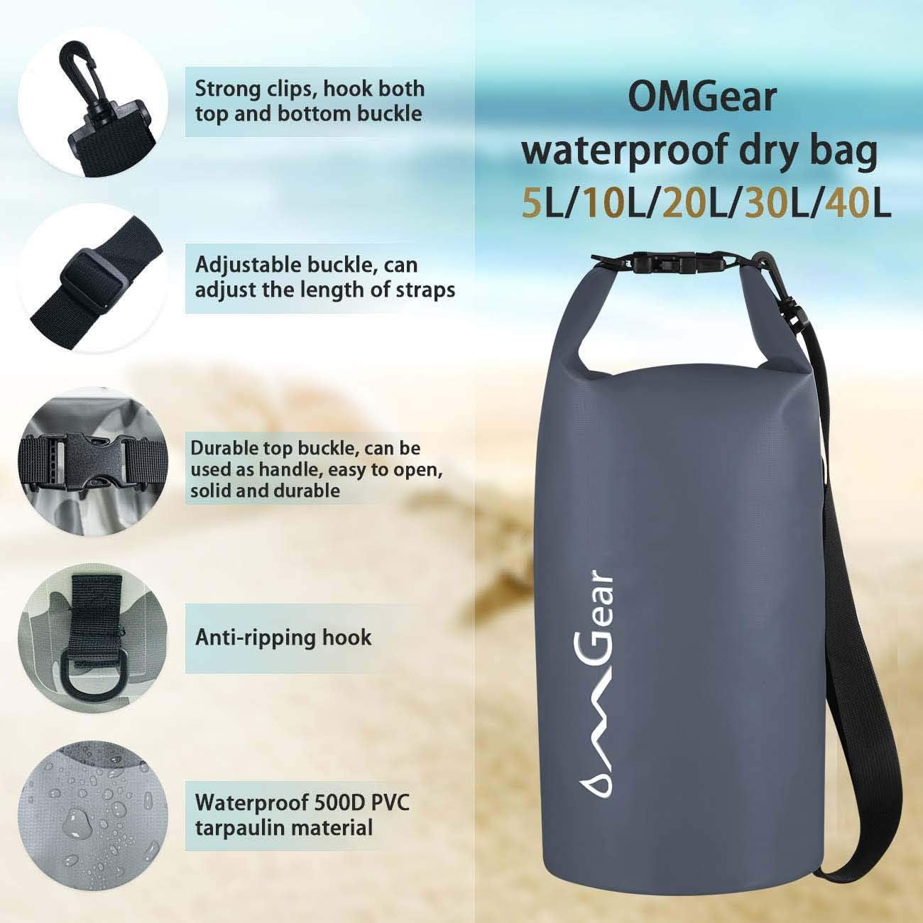 OMGear Mochila impermeable, bolsa impermeable para teléfono, 40, 30, 20, 10 y 5 L, flotante, saco seco para kayak, lancha, vela, piragüismo,