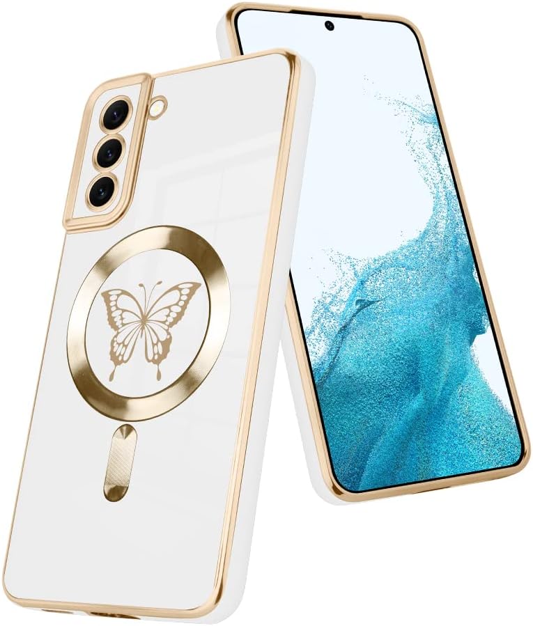 Fiyart Diseñada para Samsung S22, compatible con carga inalámbrica magnética, bonita funda de teléfono con protección de lente de cámara para