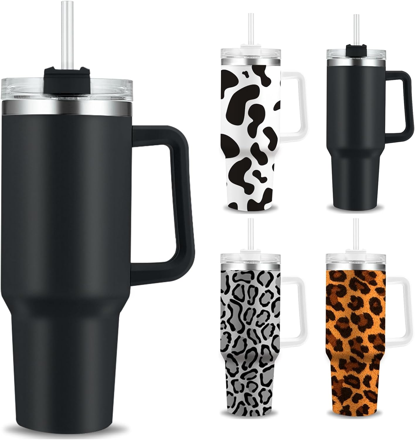 Xihedfd Vaso aislado de 40 onzas con asa, tapa de pajilla, acero inoxidable, doble pared, al vacío, taza de viaje, reutilizable, a prueba de fugas,
