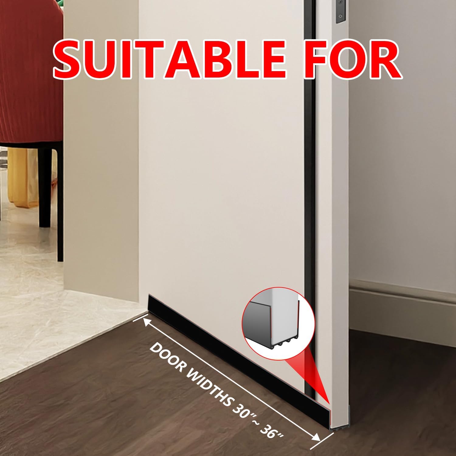 Tope de puerta para puerta, burlete cortable, adhesivo fuerte para debajo de la puerta, para puertas exteriores e interiores, 36 pulgadas de
