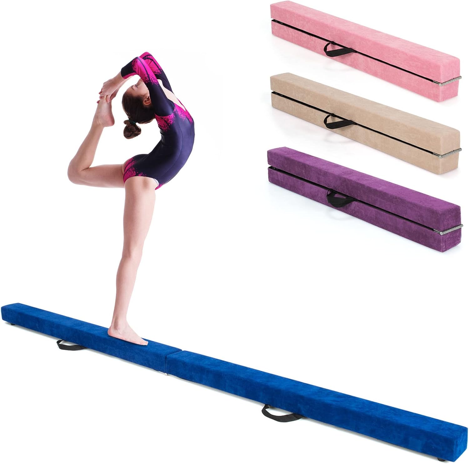 GYMAX Haz de equilibrio, viga de gimnasia plegable de 7 pies con asa de transporte, cubierta de gamuza sintética y base de madera maciza, viga de