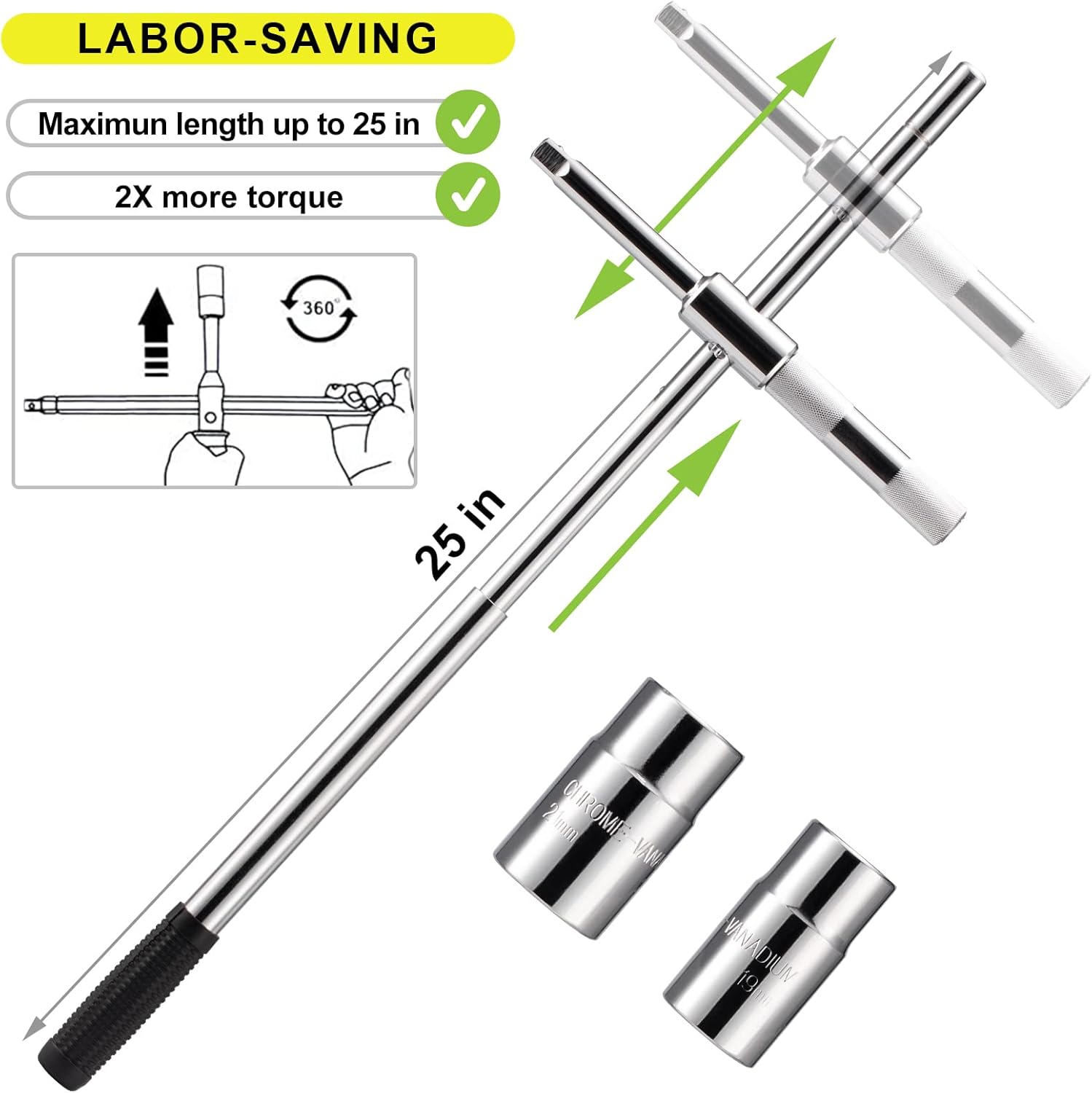 Spurtar Llave extendida para tuercas de llanta, llave de 4 vías, llave de llanta de hierro, extractor de tuercas de llanta de 12 unidad con enchufes