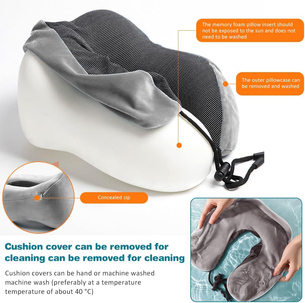 Almohada de cuello de viaje, almohada de espuma viscoelástica para el cuello para avión, almohada portátil de espuma de viaje de 360, con máscara de