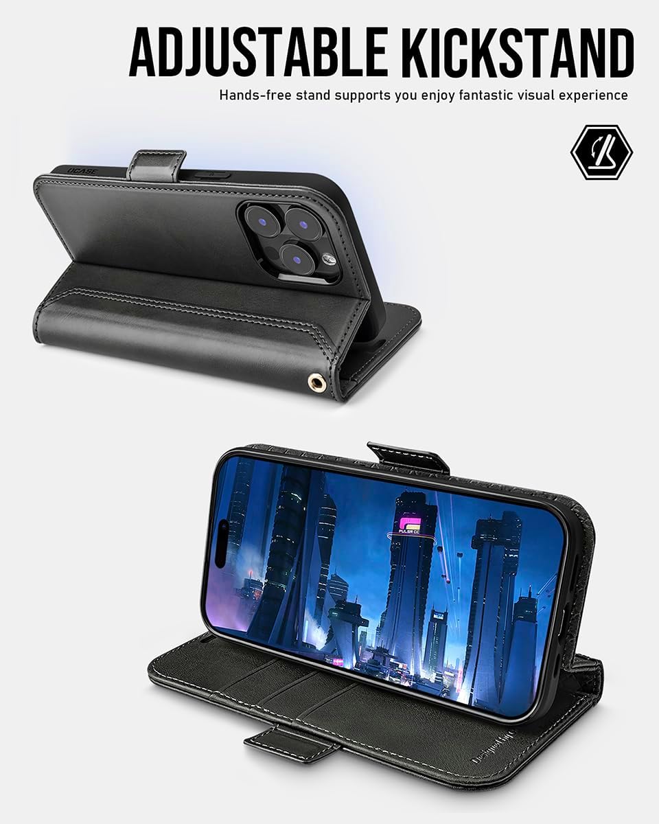 OCASE Funda compatible con iPhone 15 Pro Max, funda tipo cartera de piel sintética con tarjeteros, bloqueo RFID, soporte a prueba de golpes, funda