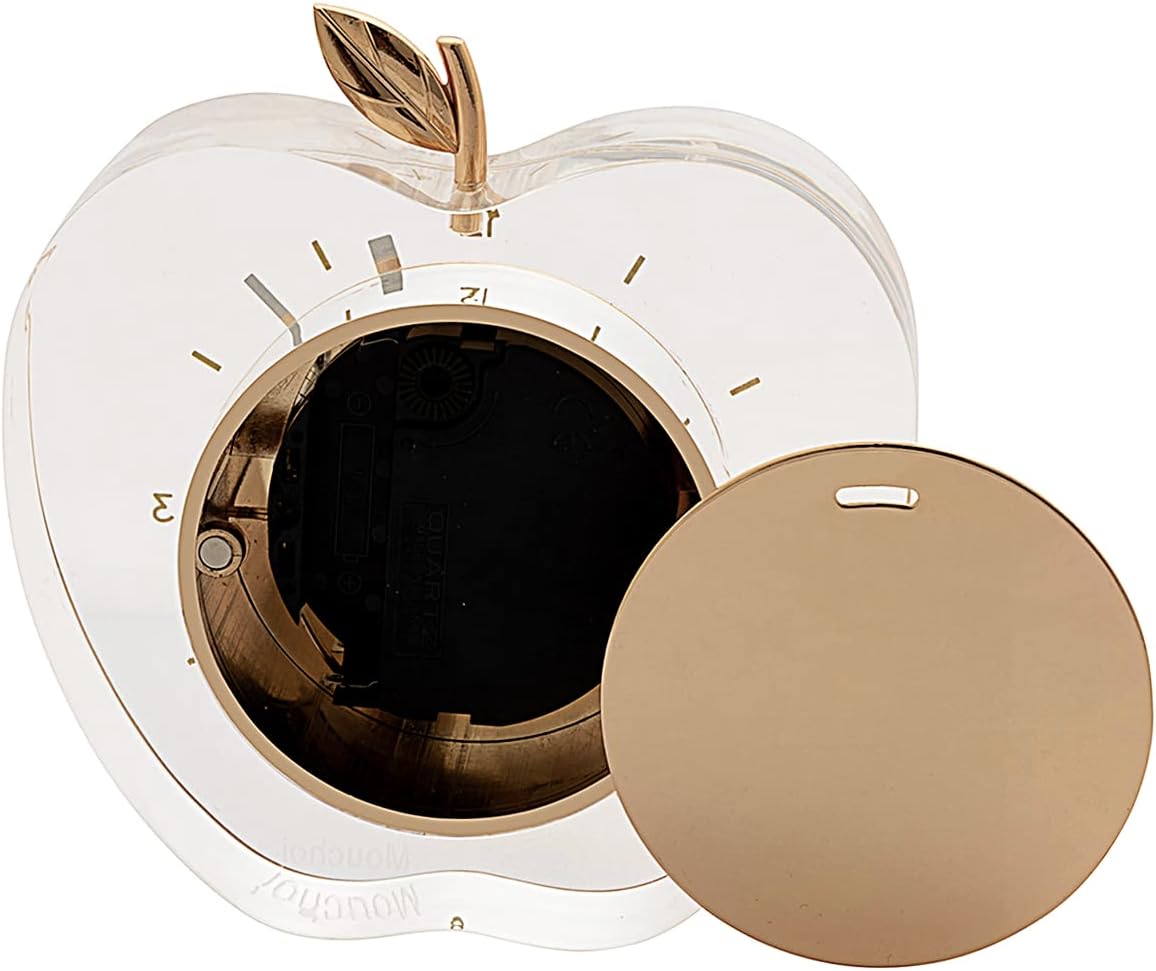 Reloj de escritorio acrílico, reloj analógico moderno, decoración de oficina en casa, marco transparentecara dorada, forma de manzana