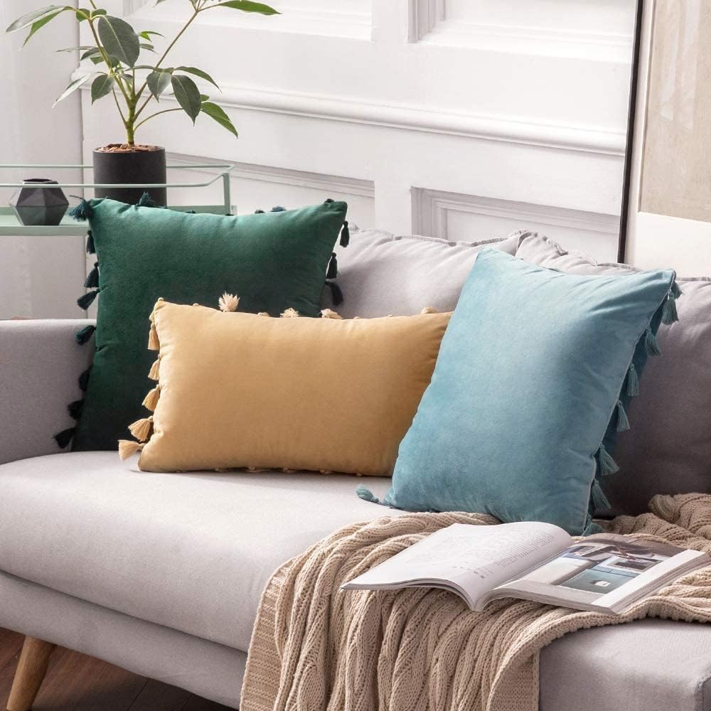 MIULEE – Paquete de 2 fundas de cojín decorativas lisas, de terciopelo suave con borlas y flecos, decoración bohemia para sillón, cama, sofá, de
