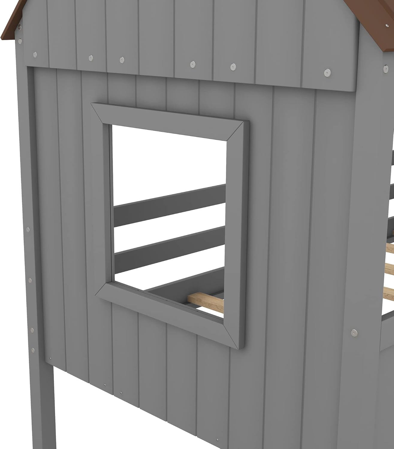 Cama individual para niños, marco de cama baja de madera con ventanas y techo, fácil montaje, para niñas y niños (gris + marrón)