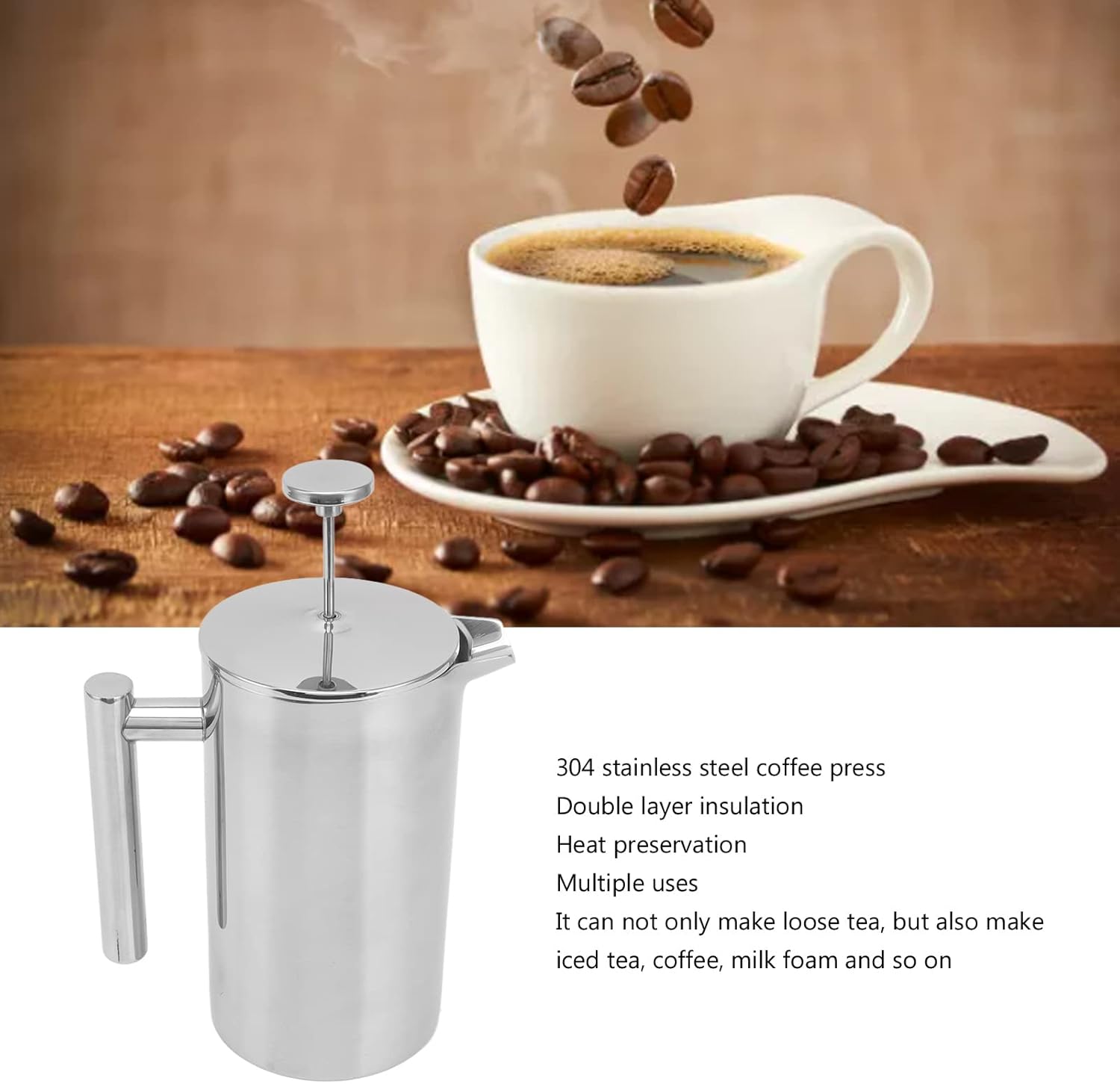 Prensa de café aislada de acero inoxidable con pantallas, cafetera de prensa francesa, libre de óxido, apta para lavavajillas, tetera de doble pared