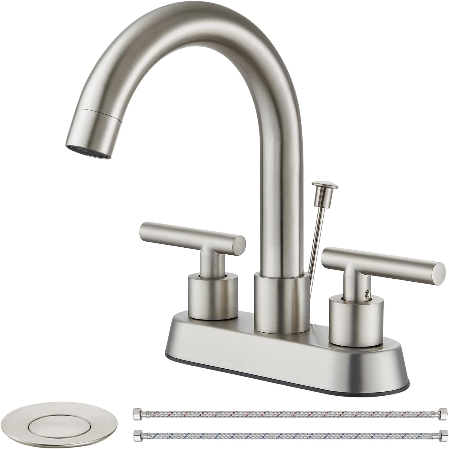 Cinwiny Grifo de baño central de 4 pulgadas con varilla de elevación, tapón de drenaje de níquel cepillado, doble mango, 3 agujeros, grifo de lavabo