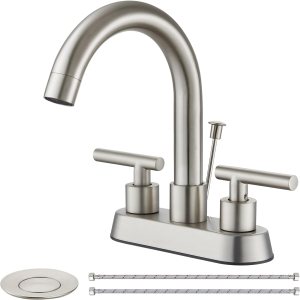 Cinwiny Grifo de baño central de 4 pulgadas con varilla de elevación, tapón de drenaje de níquel cepillado, doble mango, 3 agujeros, grifo de lavabo Cinwiny Grifo de baño central de 4 pulgadas con varilla de elevación, tapón de drenaje de níquel cepillado, doble mango, 3 agujeros, grifo de lavabo