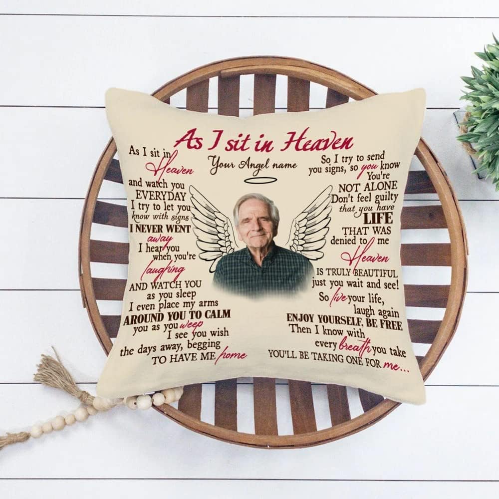 Almohada conmemorativa personalizada para papá, mamá, ángel en el cielo, foto personalizada mientras me siento en el cielo, almohada perdida de un