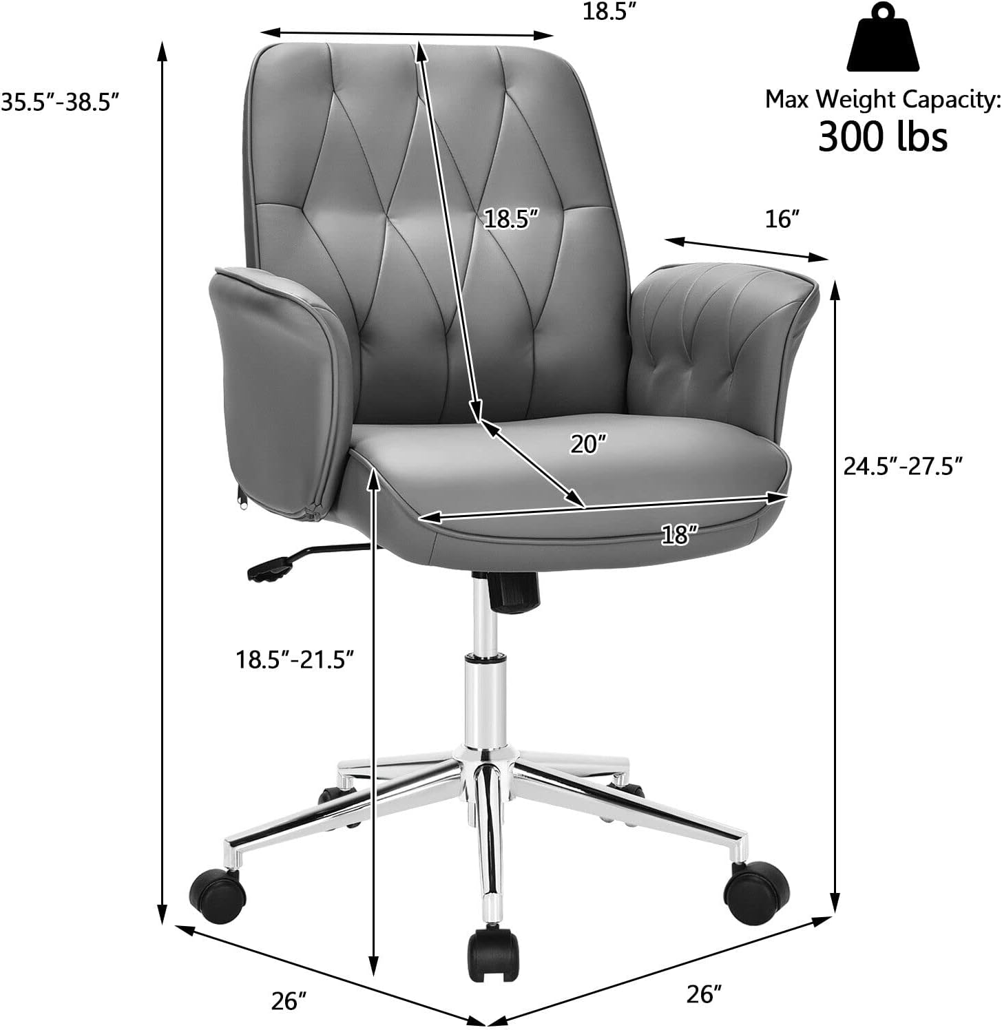 Giantex Silla de escritorio de oficina moderna, silla de acento ajustable de piel sintética con ruedas, silla de escritorio giratoria, silla de