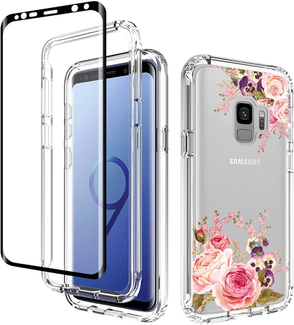Funda para Galaxy S9, SM-G960U con protector de pantalla de vidrio templado, cuerpo completo, transparente, flexible, con diseño floral, funda para
