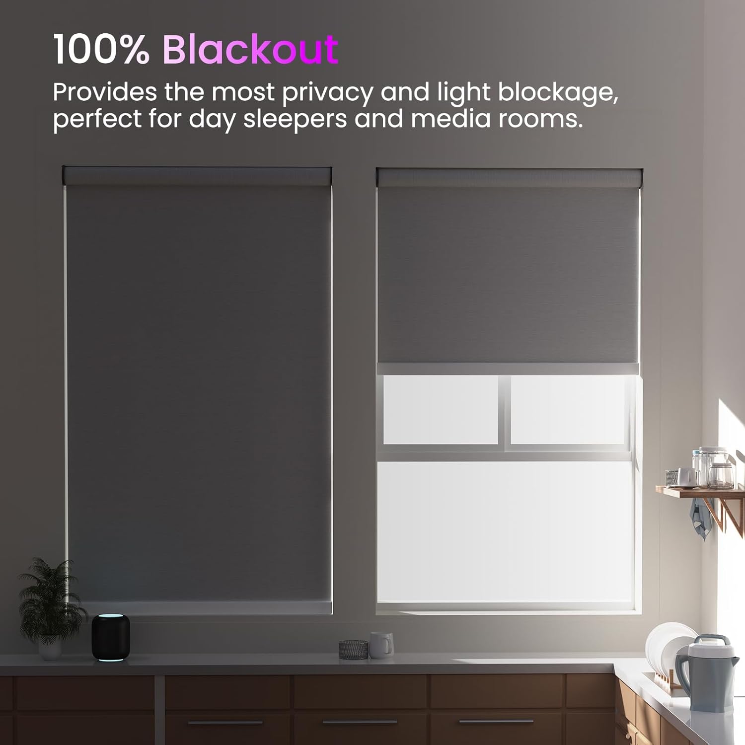 Persianas enrollables motorizadas para ventanas, persianas motorizadas 100 % opacas para oscurecer la habitación, persianas inteligentes sin cordón