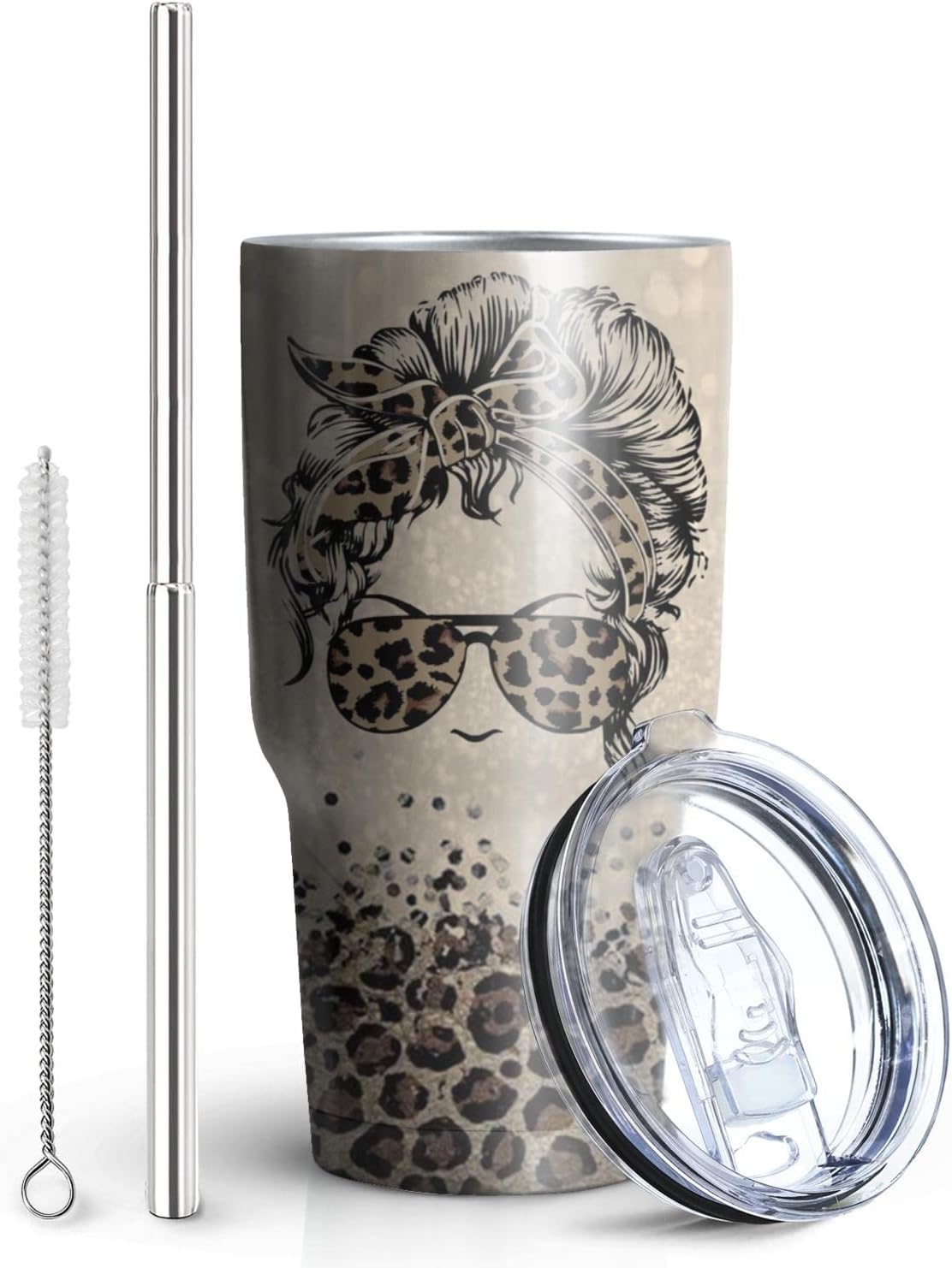 Hapyfam Vaso de leopardo de regalo para mujer, taza de café de acero inoxidable con tapapajita, 20 onzas, 30 onzas