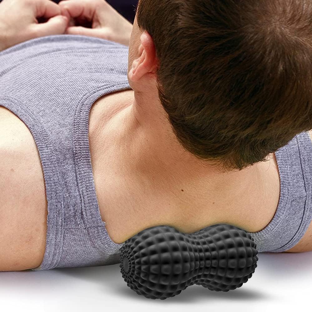 SELEWARE Bola de masaje de maní, bola de masaje de lacrosse doble de maní para espalda, cuello, hombros, columna vertebral, piernas, caderas, bola