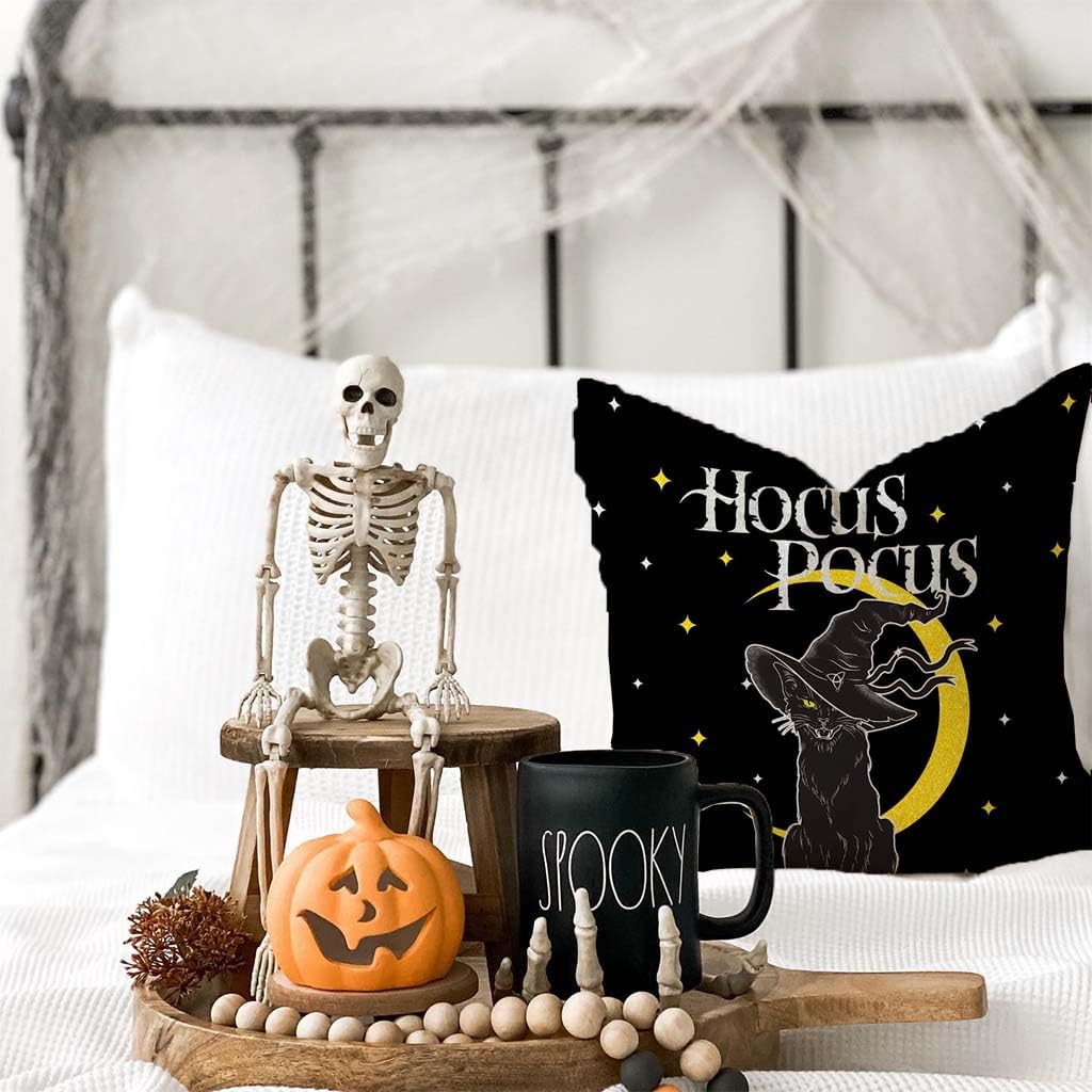Fundas de almohada de Hocus Pocus, diseño de gato negro de Halloween, 18 x 18 pulgadas, sombrero de bruja espeluznante de luna, funda de almohada