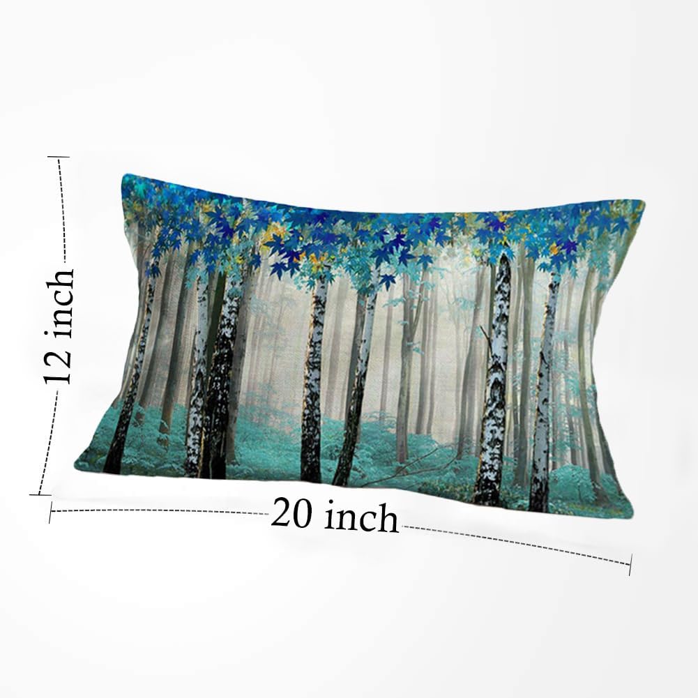 Funda de almohada lumbar de 12 x 20 pulgadas, fundas de almohada rectangulares azules con diseño de árbol de abedul, pintura al óleo de acuarela,