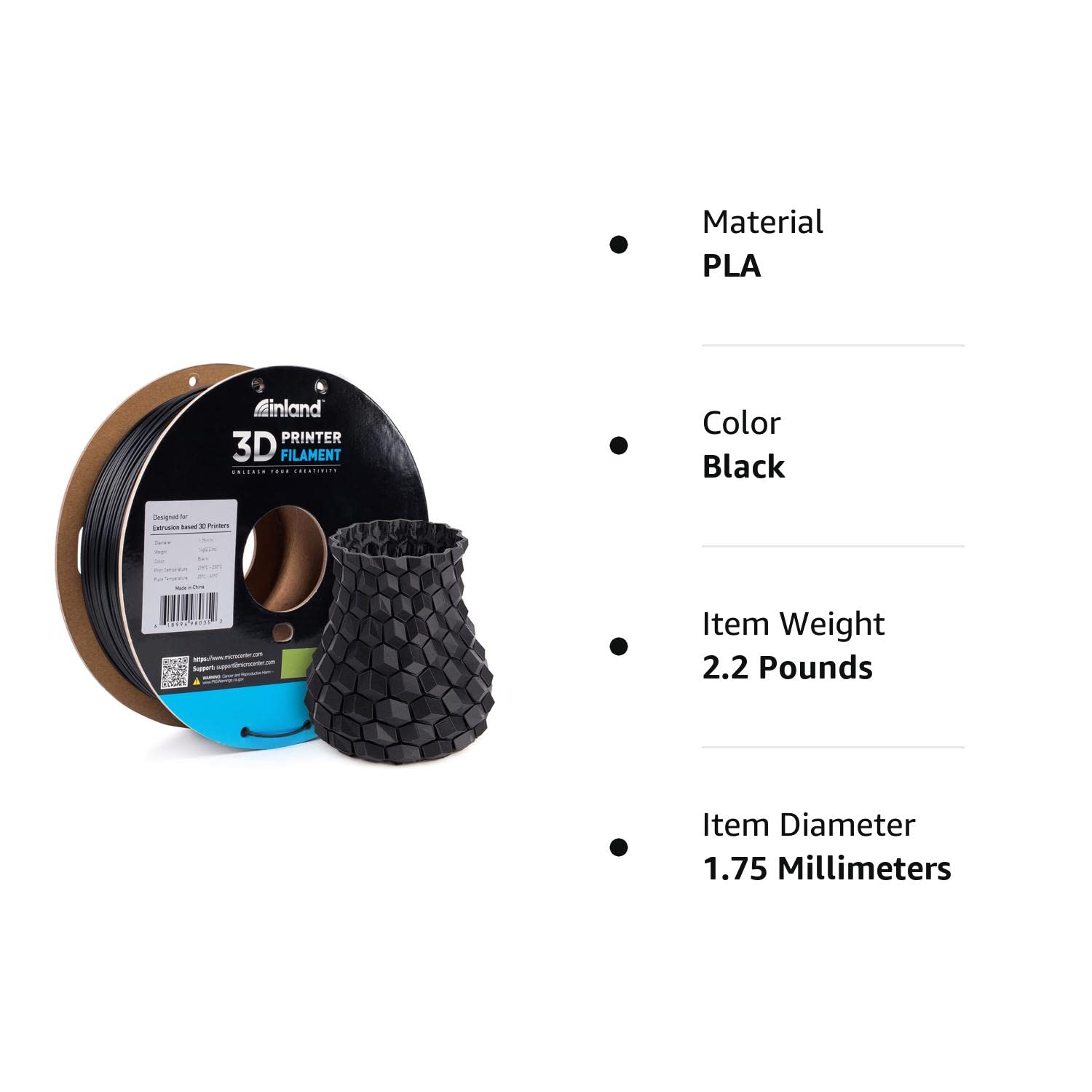 Inalnd – Filamento de PLA para impresora 3D, carrete de 2.2 libras (1 kg), Negro