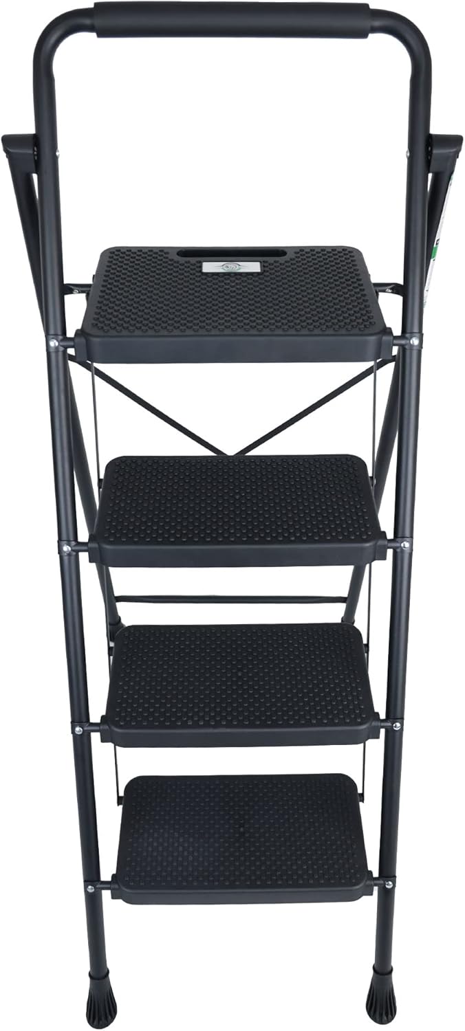 Taburete plegable con pedal antideslizante ancho, escalera de acero resistente de 330 libras, 2 escalones, color negro