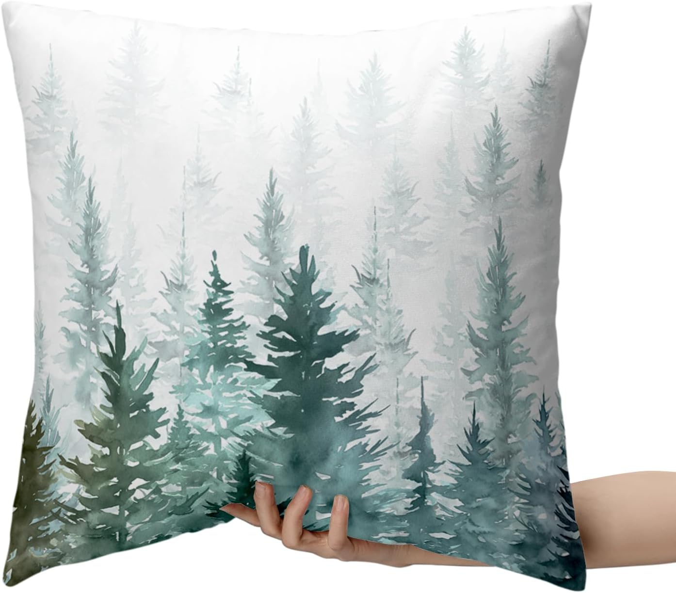 Juego de 2 fundas de almohada de árboles verdes acuarela de 18 x 18 pulgadas, fundas de almohada de invierno verde oscuro con temática de