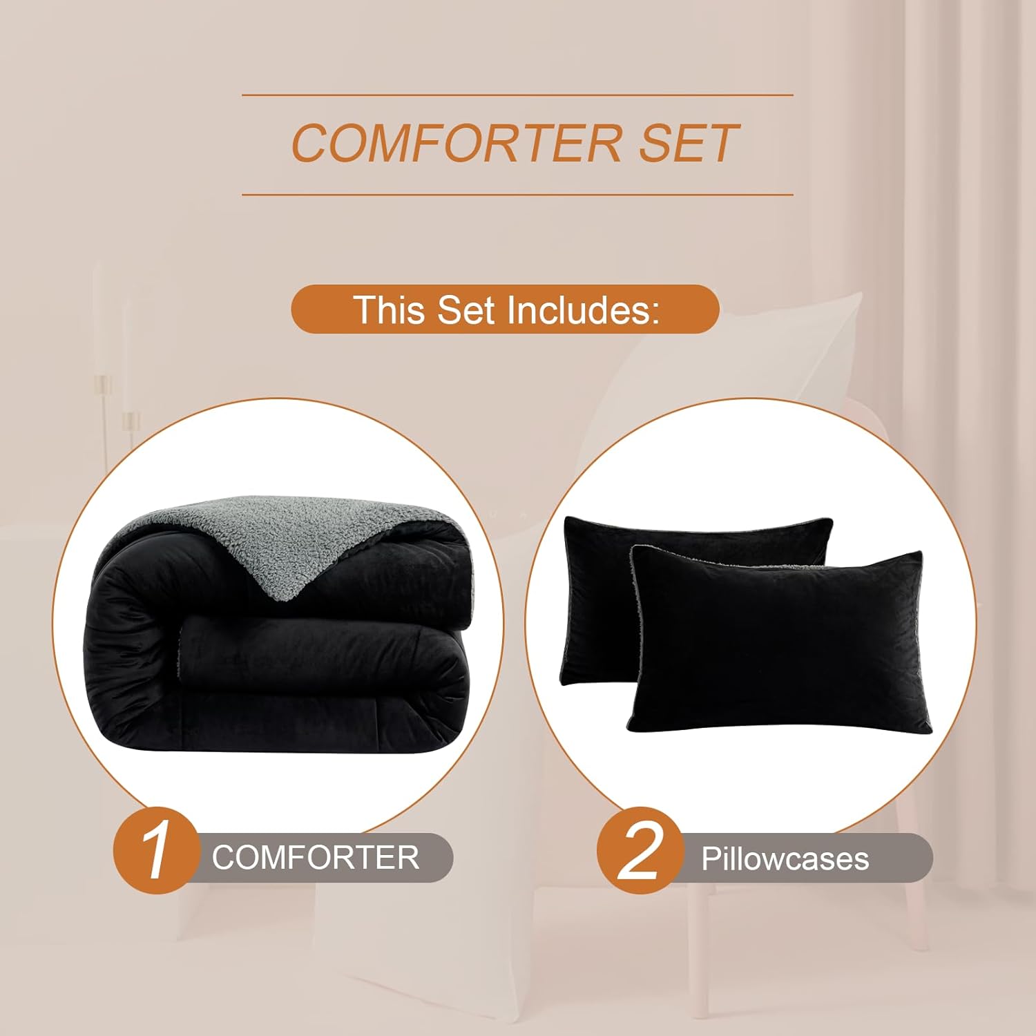 Juego de edredón de 3 piezas de microvisón Sherpa negro de alta calidad, cálido y acogedor forro polar para invierno, 2 fundas de almohada,