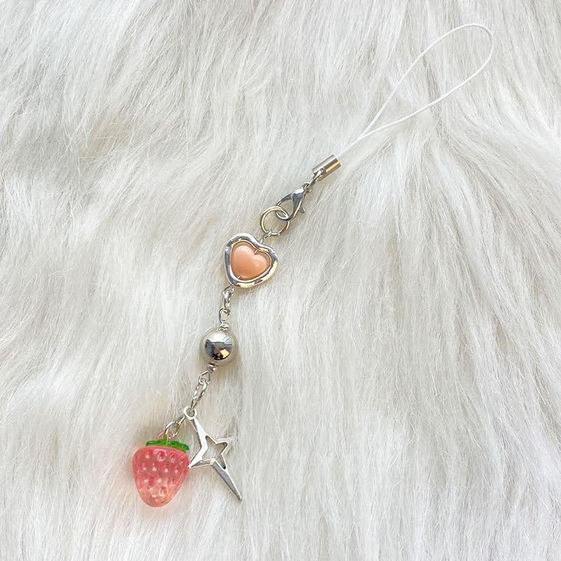 Meefisher 2 piezas de fresa con cuentas para teléfono, cordón de perlas de fruta dulce, correa de muñeca hecha a mano, cuentas antipérdidas,