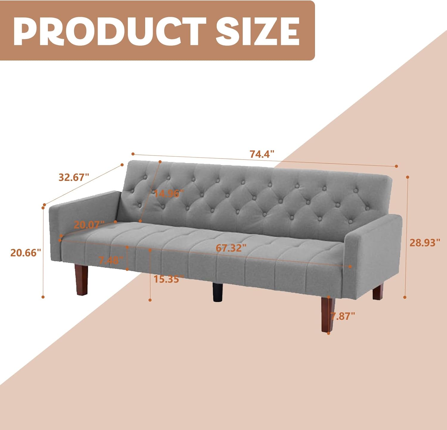 Sofá cama convertible de mediados de siglo con respaldo copetudo gris con patas de madera cónicas para sala de estar, apartamento, sala de estar