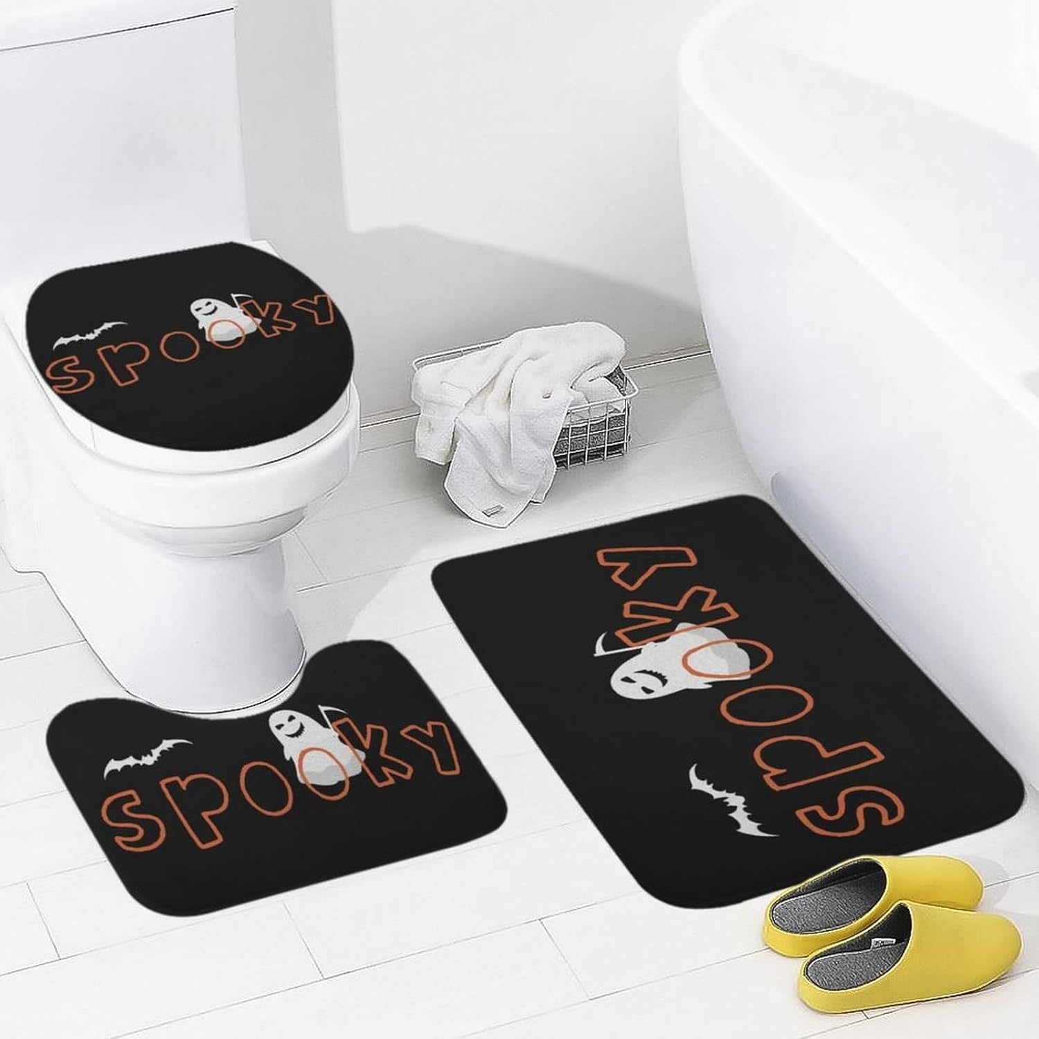 Aremetop Juego de 3 tapetes de baño de Halloween para decoración de otoño, decoración de casa de campo de fantasma, fantasma, murciélagos