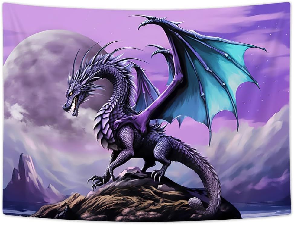 Tapiz de dragón púrpura Trippy, diseño de dragón psicodélico de la luna gótica anime en la montaña hippie Art Tapiz para dormitorio estético, tapiz