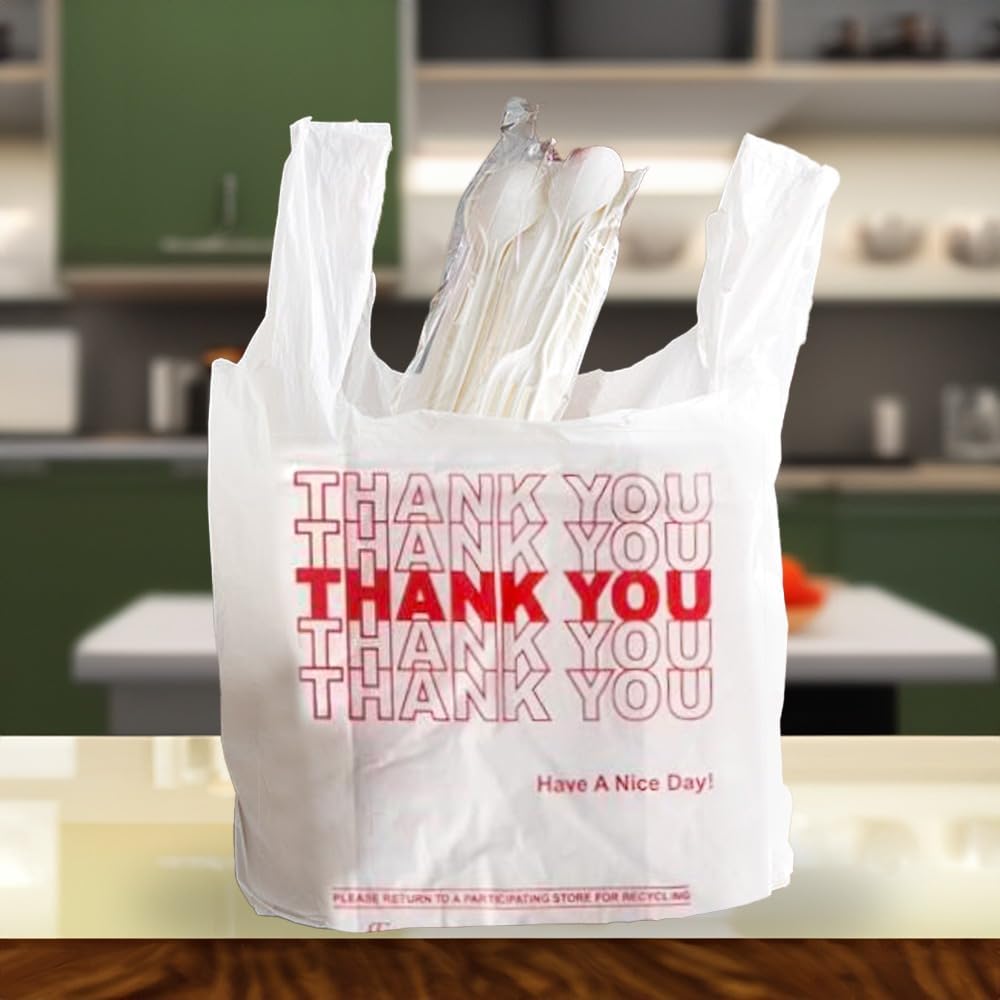 Bolsas de plástico Thank You (350 unidades)  Bolsas blancas para comestibles  Bolsas de compras de plástico con asas  Bolsas para camisetas para