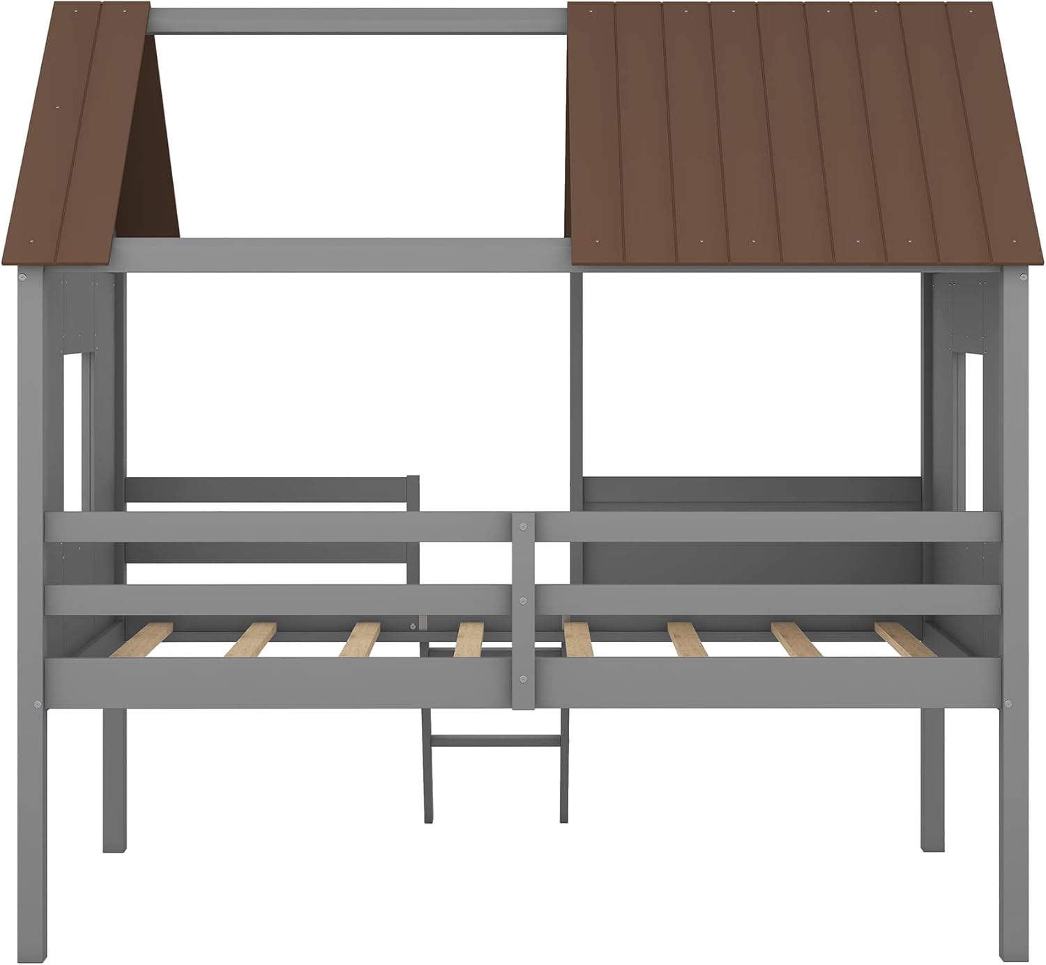 Cama individual para niños, marco de cama baja de madera con ventanas y techo, fácil montaje, para niñas y niños (gris + marrón)