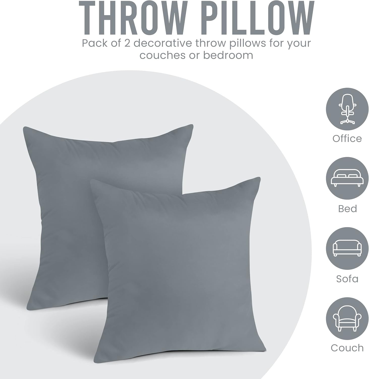 Utopia Bedding – Relleno de almohadas decorativas (paquete de 2, color gris), almohadas para cama y sofá de 26 x 26 pulgadas, para interiores