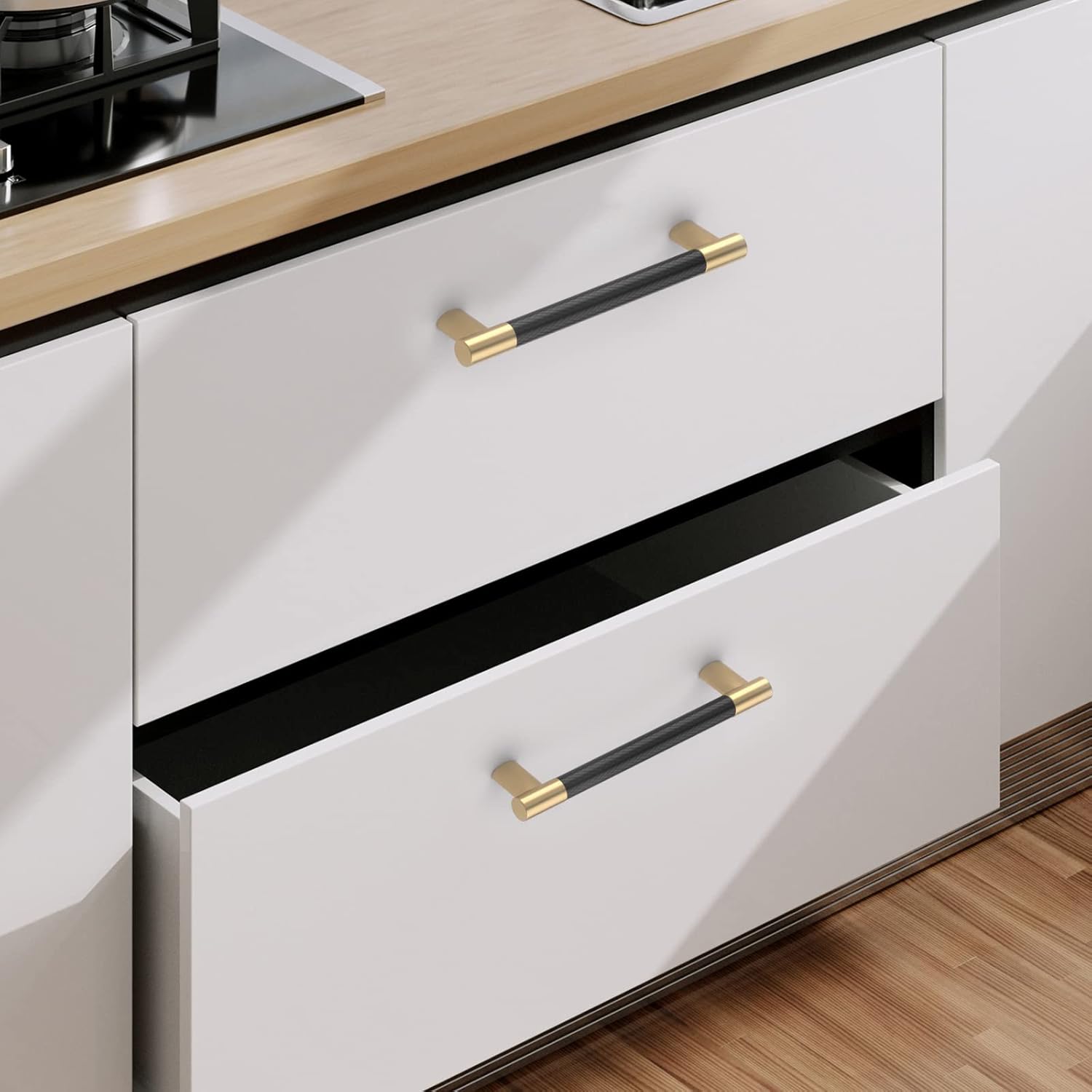 Paquete de 10 manijas moleteadas de 4 pulgadas de color negro y dorado para gabinetes de cocina, tiradores de gabinete de color dorado cepillado,