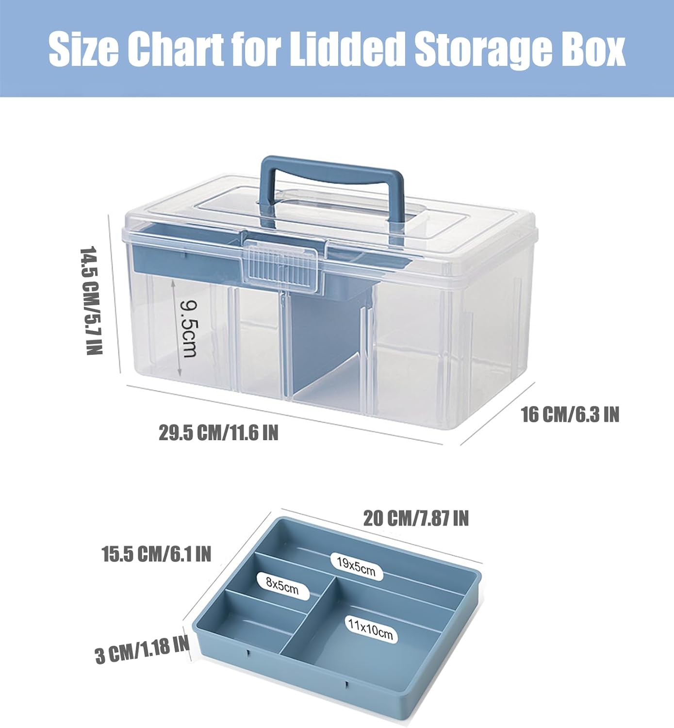Caja organizadora de suministros de plástico transparente para artes y manualidades, caja grande con una bandeja extraíble, una partición y asa,